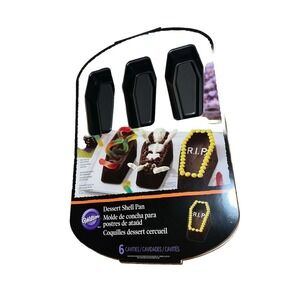 WILTON Halloween 6 Cavity COFFIN CAKE PAN Casket Cupcake‎ Mold NEW Dessert Shell